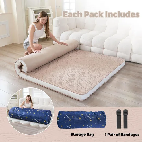 Miniatura 3 de Zelladorra Colchón japonés para suelo, colchón de futón acolchado con parte inferior antideslizante, cama de piso plegable con bolsa de Beige