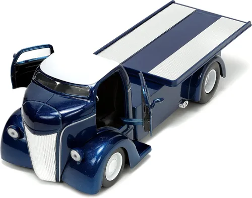 Jada Toys Just Trucks 1:24 1947 Ford COE - Coche de cama plana fundido a presión color azul oscuro/blanco con estante para neumáticos, juguetes para