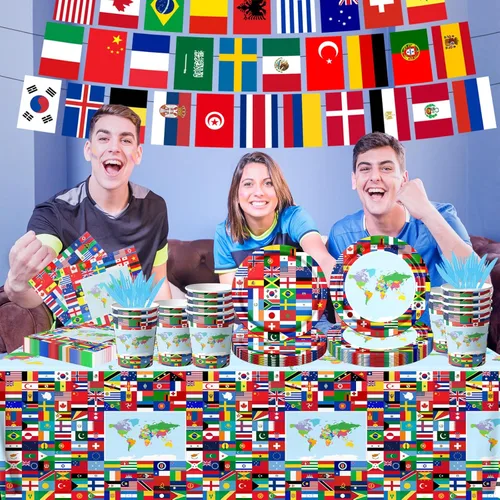 Miniatura 2 de International World Flags - Juego de vajilla de 142 piezas de banderas internacionales, platos y servilletas, tazas, pancartas, mantel de banderas