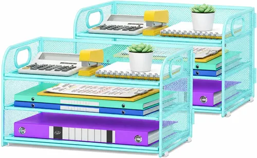 Miniatura 16 de Cawukege Organizador de papel de 3 niveles con asa, organizador de escritorio de metal, bandeja de cartas de papel de malla, carpeta de archivos