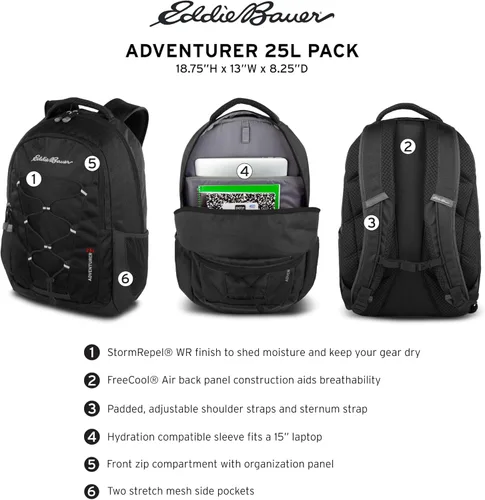 Miniatura 2 de Eddie Bauer Mochila Adventurer con compartimentos organizativos y funda compatible con hidratación/portátil, Adventurer - True Blue, 25L Aventurero