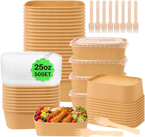 Miniatura 9 de Paquete de 50 recipientes de comida de papel de 19 onzas con tapas, recipientes de preparación de comidas, cuencos de papel grandes desechables