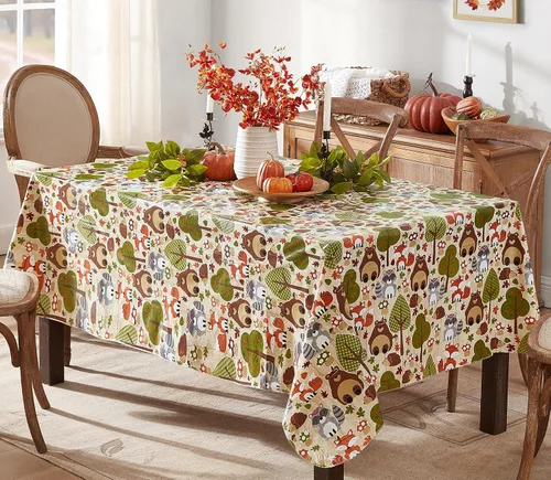Newbridge Woodsy - Mantel de vinilo con parte trasera de franela de otoño y Acción de Gracias, diseño de criaturas del bosque caprichosas para
