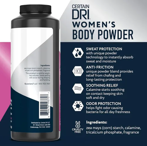 Miniatura 2 de Certain Dri Polvo corporal para mujer, sin talco, control de sudor de triple acción, olor y humedad, fórmula de calamina antirozaduras, recomendada