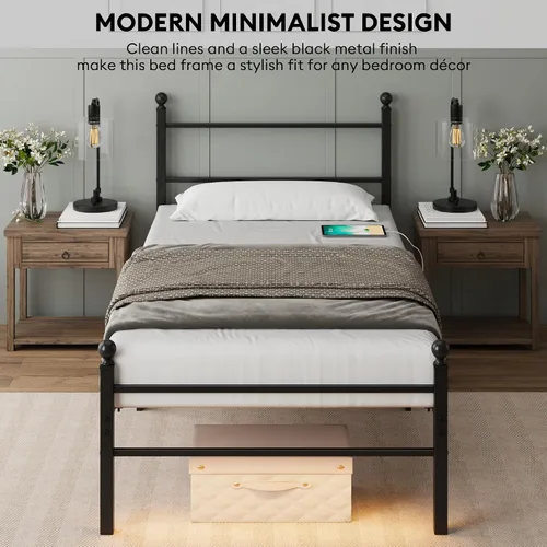 Miniatura 5 de Base de cama de tamaño individual con cabecero, cama de plataforma de metal con luces LED, estación de carga, almacenamiento debajo de la cama