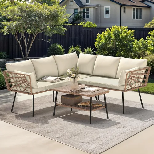 YITAHOME Juego de 4 muebles de patio en forma de L para exteriores con mesa auxiliar de 2 niveles y cojines gruesos, juego de conversación de patio,