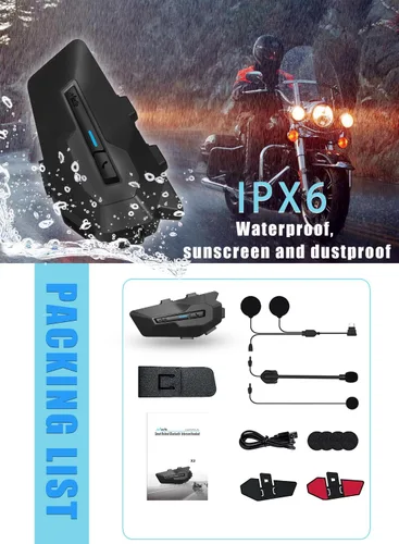 Miniatura 6 de MAXTO Auriculares Bluetooth X2 para motocicleta con intercambio de música, sistemas de comunicación de casco de 2 conductores de 1000 M, sonido