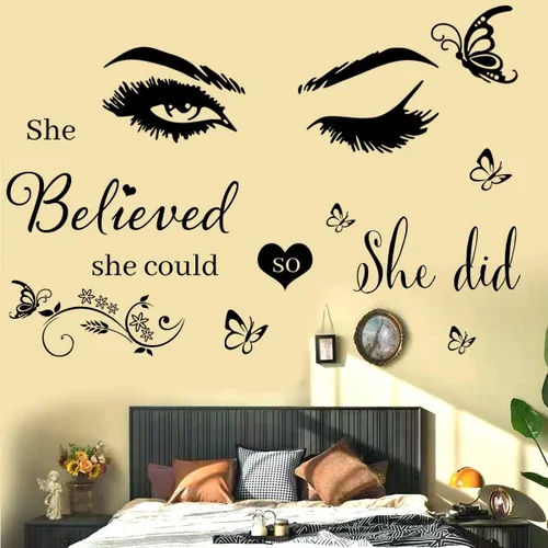 Miniatura 2 de Adhesivo de pared de vinilo con texto en inglés "She Believed She Could So She Did", calcomanías de pared de mariposa para dormitorio, sala