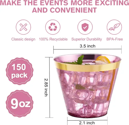 Miniatura 2 de LUODA 150 vasos de plástico púrpura, vasos desechables púrpura de 9 onzas con borde dorado, vasos de plástico con borde dorado estilo antiguo
