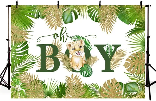 MEHOFOND Cartel de fondo de baby shower con temática de safari en la selva de 7 x 5 pies, Oh Boy, animales del bosque, vegetación, fondo de león,