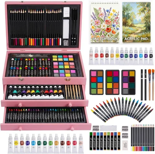 Juego de lujo de 175 piezas de arte en madera, kit de dibujo y pintura con 2 bloques de dibujo, pinturas acrílicas, lápices de colores, lápices de