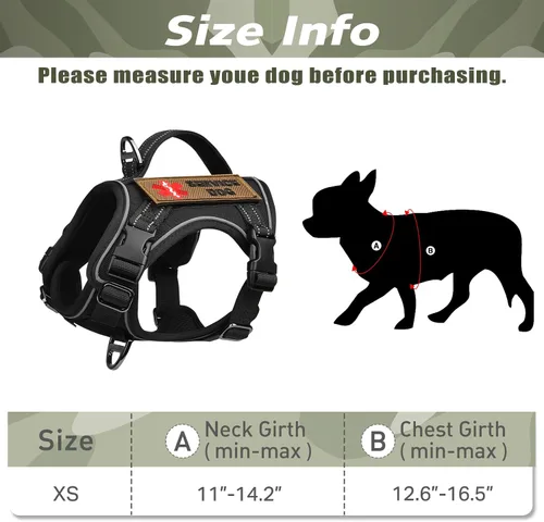 Miniatura 7 de Arnés táctico XS para perro, chaleco de servicio militar para perro con mango vertical, chaleco para cachorros pequeños sin tirones para Negro