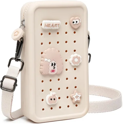 Miniatura 10 de Bonita bolsa cruzada pequeña con dijes, bolso de silicona para teléfono celular para niñas, bolsa de teléfono para mujer con correa ajustable