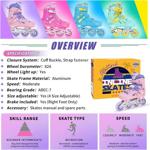 Miniatura 6 de Patines en línea Nattork para niñas y niños, patines ajustables con ruedas iluminadas en 4 tallas, patines iluminados para principiantes para niños