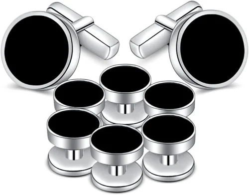Miniatura 4 de MERIT OCEAN Juego de gemelos de ónix para hombre y tachuelas de plata y negro para hombres de esmoquin camisas de negocios regalo de boda