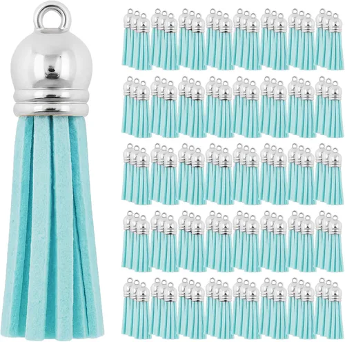 Miniatura 10 de Mandala Crafts 100 borlas de gamuza sintética color aguamarina con tapa dorada, suministros para hacer llaveros a granel, pequeñas borlas de cuero