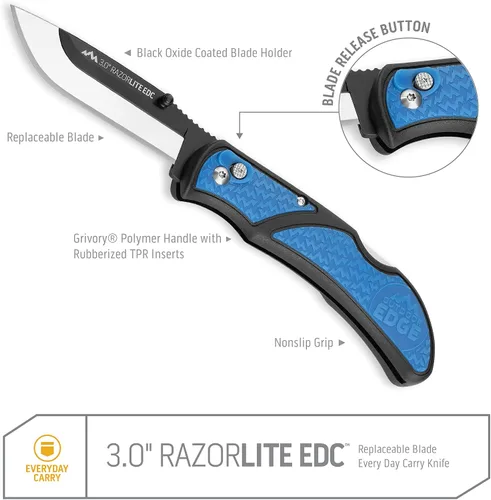 Miniatura 7 de Outdoor Edge 3.0" RazorLite EDC - Navaja plegable EDC de cuchilla reemplazable con clip de bolsillo y apertura de una mano para llevar a diario Azul