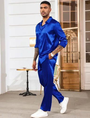 Miniatura 2 de LecGee Conjunto de 2 piezas de satén para hombre, con solapa, manga larga, con botones, pantalones deportivos con bolsillo, fiesta de club