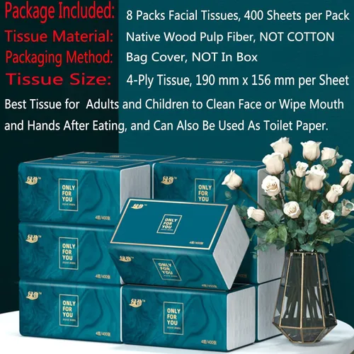 Miniatura 3 de Paquete de 8 pañuelos faciales desechables, papel higiénico, material de fibra de pulpa de madera nativa, servilleta facial suave, papel facial