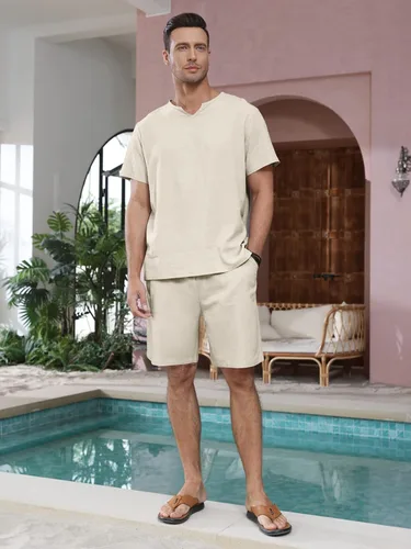 Miniatura 2 de Lexiart Conjunto de 2 piezas de algodón y lino para hombre, camisa de manga corta con cuello en V, pantalones cortos de playa, trajes de yoga