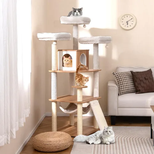 Miniatura 2 de Tangkula Árbol alto para gatos, torre para gatos de madera moderna de 68 pulgadas con postes rascadores de sisal, 3 perchas acolchadas, condominio