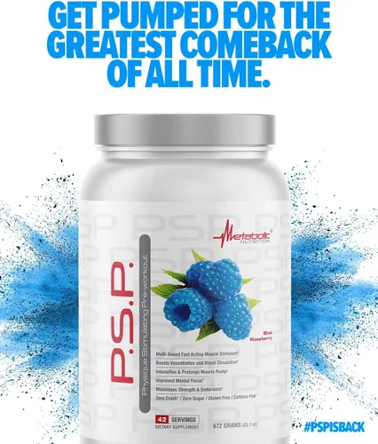 Miniatura 4 de Metabolic Nutrition P.S.P. Físico estimulante preentrenamiento 23.70 oz cero azúcar sin cafeína (frambuesa azul)