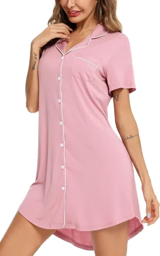 Miniatura 61 de Samring Camisón de pijama para mujer, manga corta/larga, con botones, camisón para dormir, camisón para novio, talla XXL