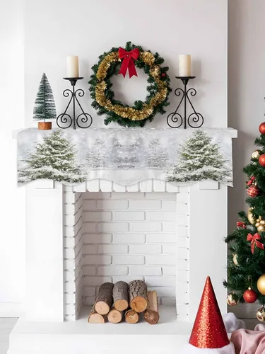 Miniatura 4 de Bufanda de manto de 70 x 17 pulgadas, árbol de Navidad, árboles de invierno, bosque, copos de nieve, chimenea, mantel, cubierta de mantel