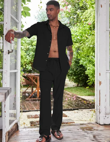 Miniatura 3 de COOFANDY Conjunto de 2 piezas de lino para hombre, conjunto de camisa y pantalón con botones para la playa