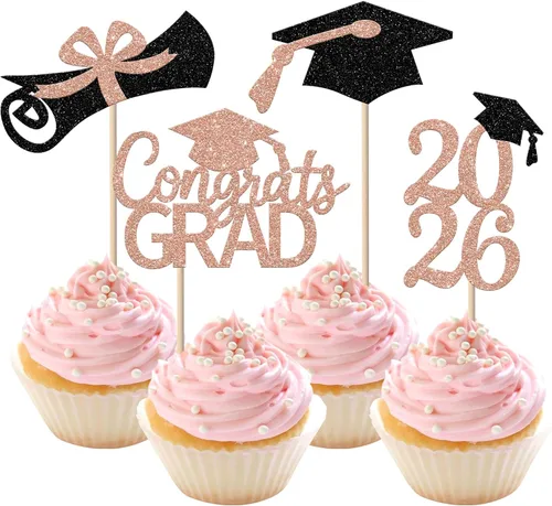 Miniatura 48 de Rsstarxi Paquete de 24 adornos para cupcakes de graduación 2026, con purpurina azul, para la clase de 2026, para diplomas, 24 piezas (6 diseños)