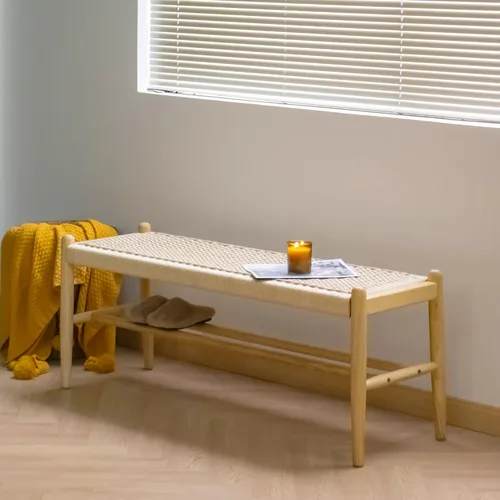 Miniatura 7 de Banco de madera maciza para entrada con almacenamiento para zapatos, diseño rústico en roble y tejido, 39.4 pulgadas de largo, asiento para sala