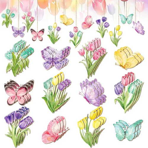 Miniatura 7 de Wenqik 36 adornos de primavera para árbol, flor de primavera, tulipán, decoraciones de bosque, decoraciones de árbol de Pascua, letrero colgante