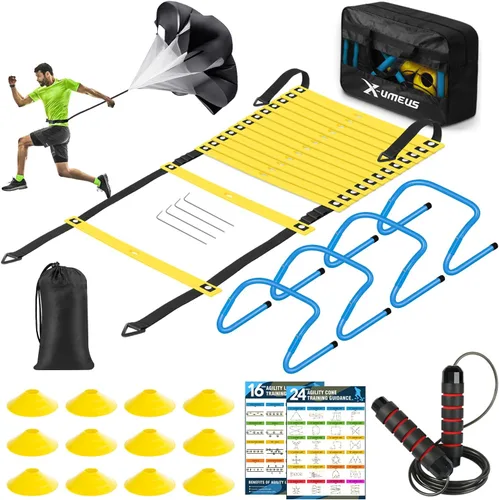 Miniatura 12 de X-UMEUS Agility Ladder Speed Training Equipment Set-20ft Agility Ladder,12 Soccer Cones,4 Hurdles, Jump Rope, Running Parachute Basketball Football