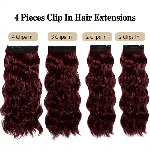 Miniatura 3 de Burgundy Clip in Hair Extensions, 4 PCS Natural Soft Long Wavy Clip on Synthetic Hair Hairpieces Curly 20Inch Curly Thick Hair 11 Clips