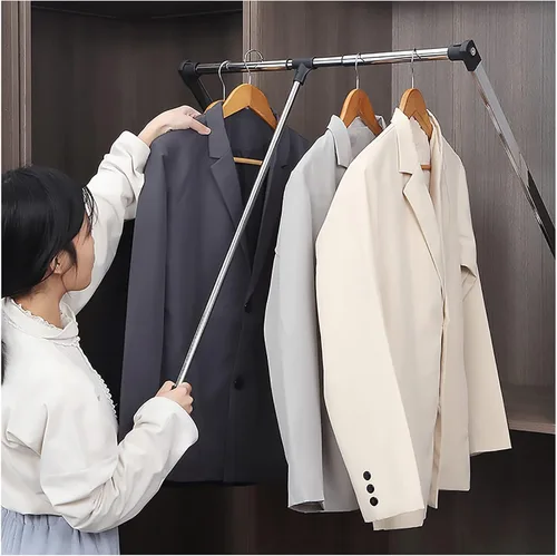 Miniatura 5 de Riel de ropa industrial montado en la pared, estantes flotantes de ancho ajustable y barra de ropa desplegable