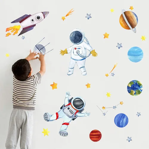 Miniatura 4 de Yovkky Calcomanía de pared de astronauta espacial, nave espacial, galaxia, sistema solar, planeta, pegatina, acuarela, cohete, cosmonauta, nave