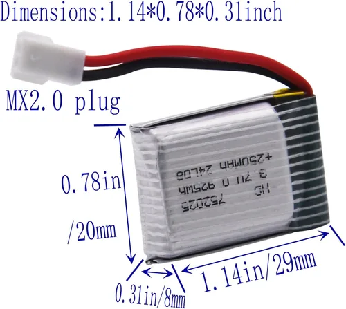 Miniatura 4 de Blomiky Paquete de 4 3.7 V 250 mAh 0.925 Wh MX2.0 Enchufe Recareable Li-po Batería y Caja de Tablero Adecuado para Algunos Pequeños Aviones RC