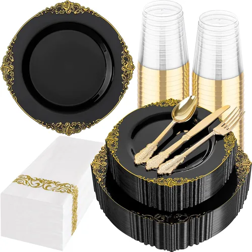 Hioasis - Vajilla de plástico con detalles dorados de 175 piezas incluyendo platos, juego de cubiertos, tazas y servilletas, para servir a 25 Negro