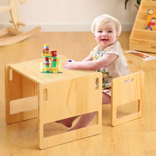 Miniatura 7 de FUNLIO Juego de mesa y silla ajustable para niños de 1 a 3 años, Juego de mesa y silla de madera maciza Montessori de calidad, Juego de mesa y silla