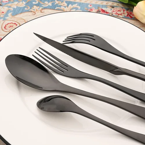 Miniatura 3 de Juego de cubiertos de acero inoxidable 304 de 20 piezas con cuchara de cuchillo para carne, color negro espejo, servicio para 4