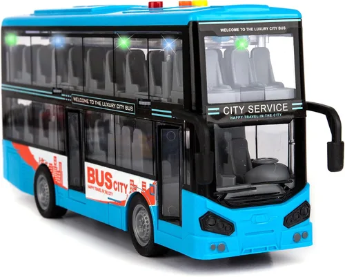 ArtCreativity Juguete de autobús de dos pisos con luces y sonidos, autobús de juguete alimentado por fricción para niños con luces de techo