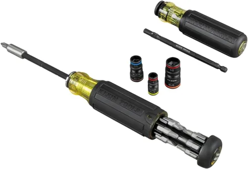 Klein Tools 80083 Kit de destornillador de impacto con juego de llaves de impacto SAE 7 en 1 y destornillador de longitud ajustable multibroca 14 en