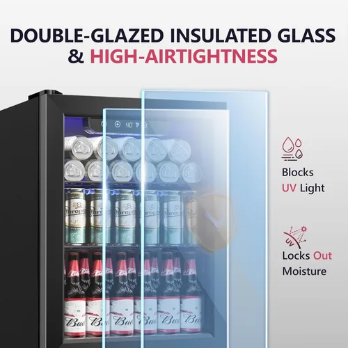 Miniatura 5 de Icyglee Refrigerador de bebidas, mini refrigerador para 16 botellas y 68 latas con puerta de vidrio, refrigerador independiente de bebidas para vino