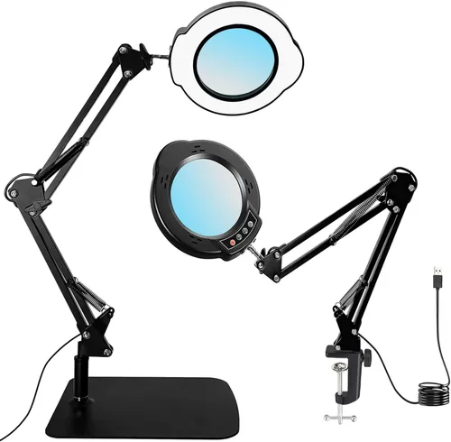 Lupa 15X con luz y soporte, 5 modos de color, 10 niveles de brillo ajustable, lámpara de escritorio 2 en 1 con abrazadera, lupa de luz LED manos