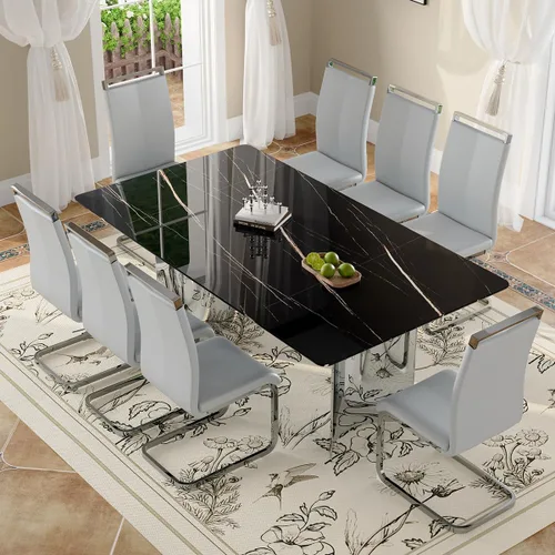 Miniatura 15 de Moderno juego de mesa de comedor para 6, 7 piezas, mesa rectangular de mármol sintético de 71 pulgadas con base de acero inoxidable plateado
