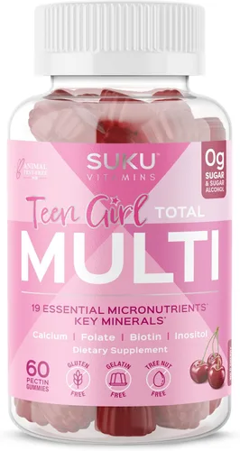 SUKU Gomitas multivitamínicas para adolescentes – Vitaminas A, B12, C, D3, E, biotina y zinc – Suplemento vegetariano sin azúcar para la piel,