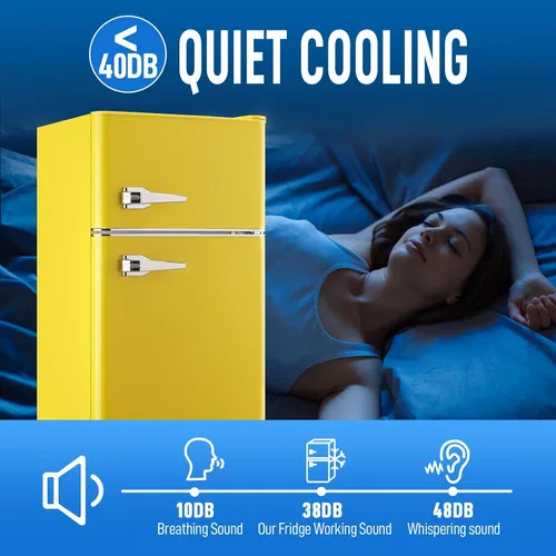 Miniatura 8 de WANAI Mini refrigerador de 2 puertas y 2 manijas con congelador en la parte superior, espacioso refrigerador pequeño de 3.5 pies cúbicos con Amarillo