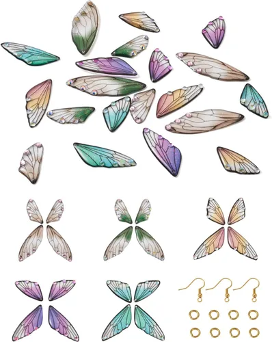 Miniatura 25 de FASHEWELRY 16 aretes de resina con alas de libélula y arco iris, mariposa, colgantes, alas de hada, coloridos dijes con ganchos para aretes, anillos