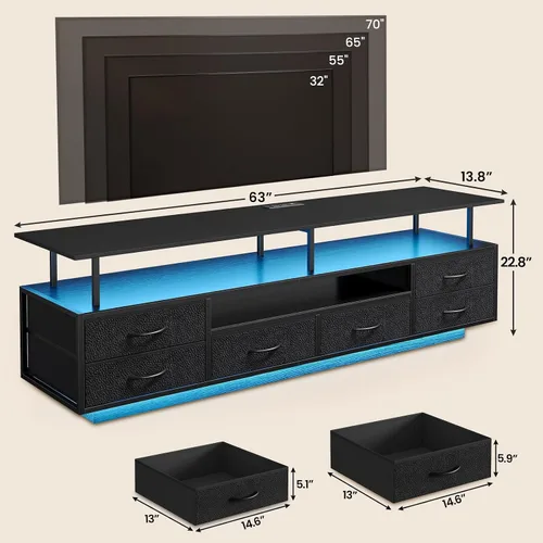 Miniatura 2 de BTHFST Soporte de TV para TV de 65 y 70 pulgadas con luces LED y tomas de corriente, centro de entretenimiento con estantes abiertos y 6 cajones