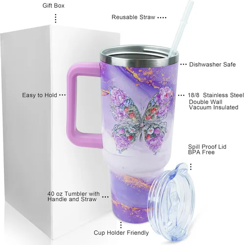 Miniatura 2 de Vaso de 40 onzas con asa y tapa con pajita a prueba de fugas Regalos inspiradores de cumpleaños del Día de la Madre para mujeres, hombres